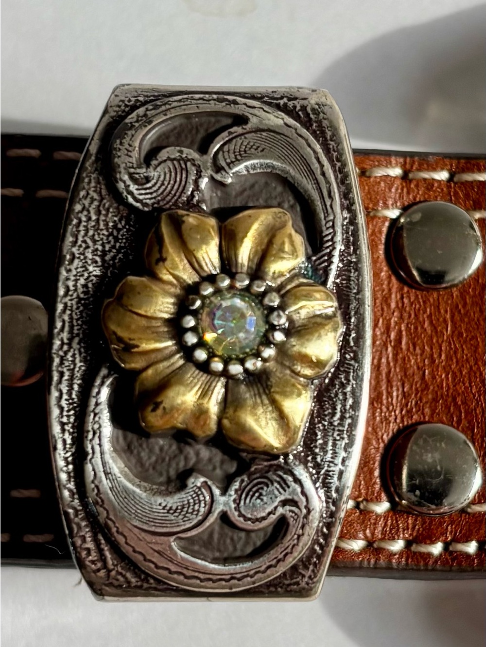 Nocona Women’s Western Tooled Leather Brown Rhinestone Buckle Belt - Picture 10 of 11